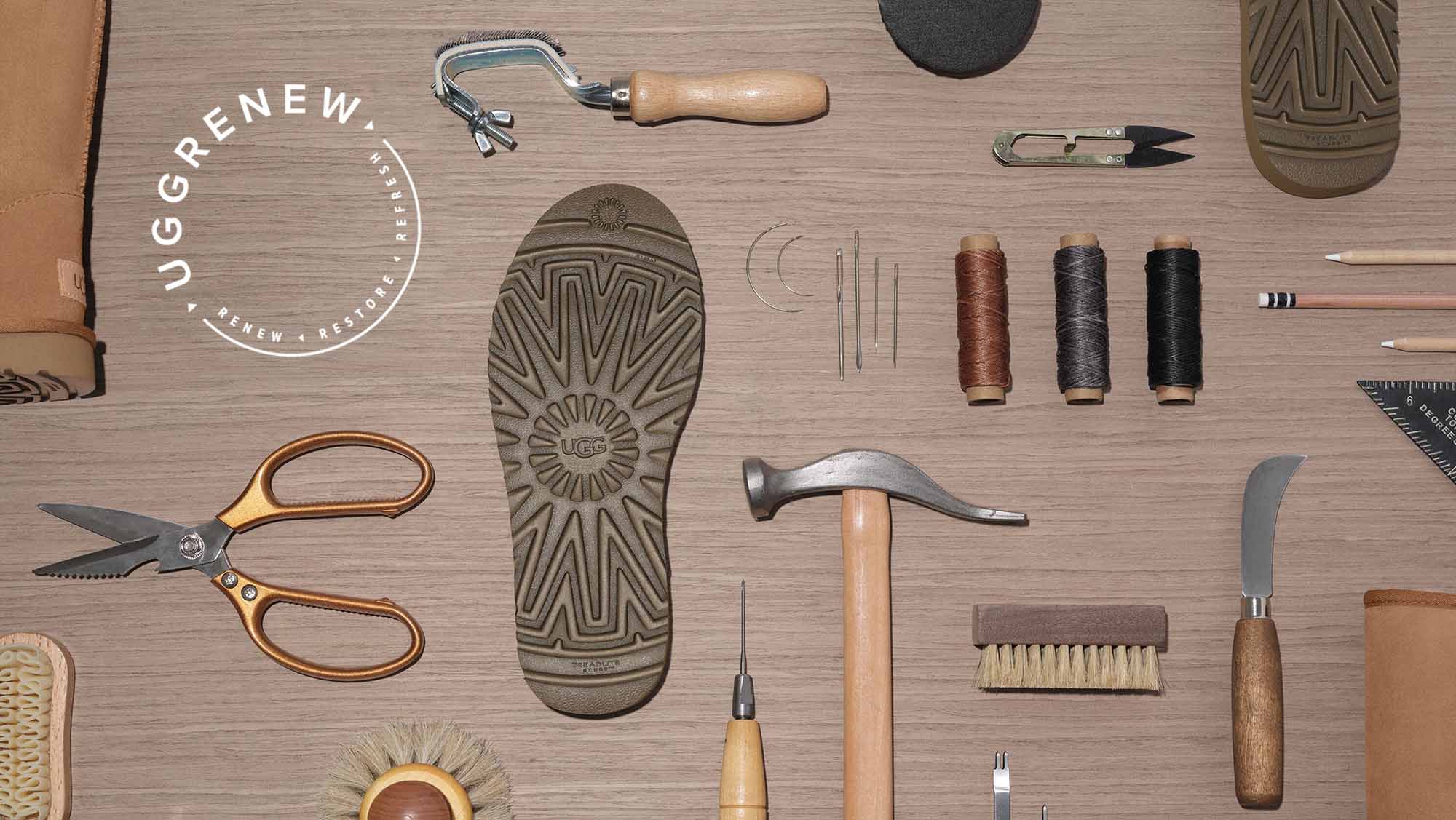 Collection of shoe repair materials on a table with the UGG Renew logo.